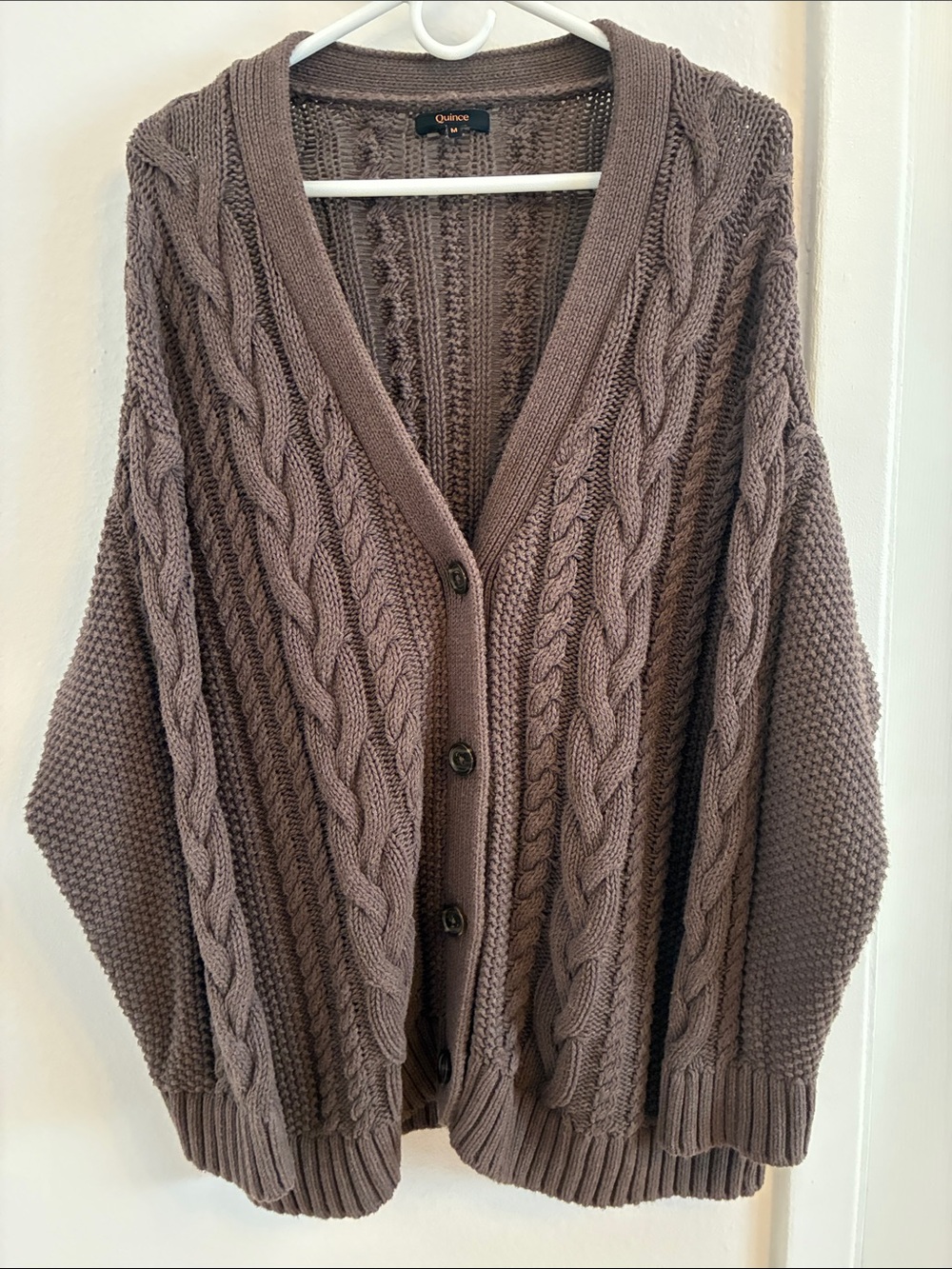Quince 100% Organic Cotton Oversized Cable Cardigan Brown Medium